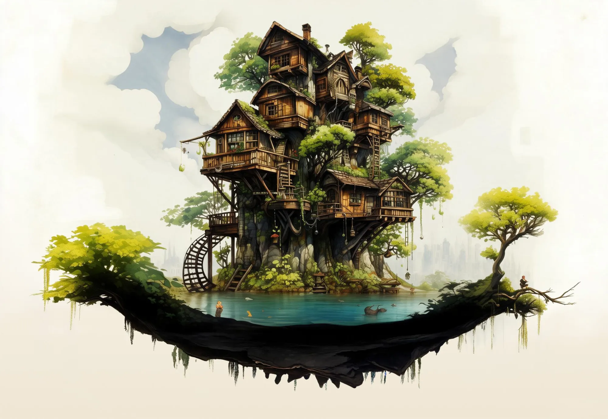 Ein Baumhaus aus vielen hölzernen Stockwerken, in einen Baum gewachsen, auf einer schwebenden Insel mit kleinem See